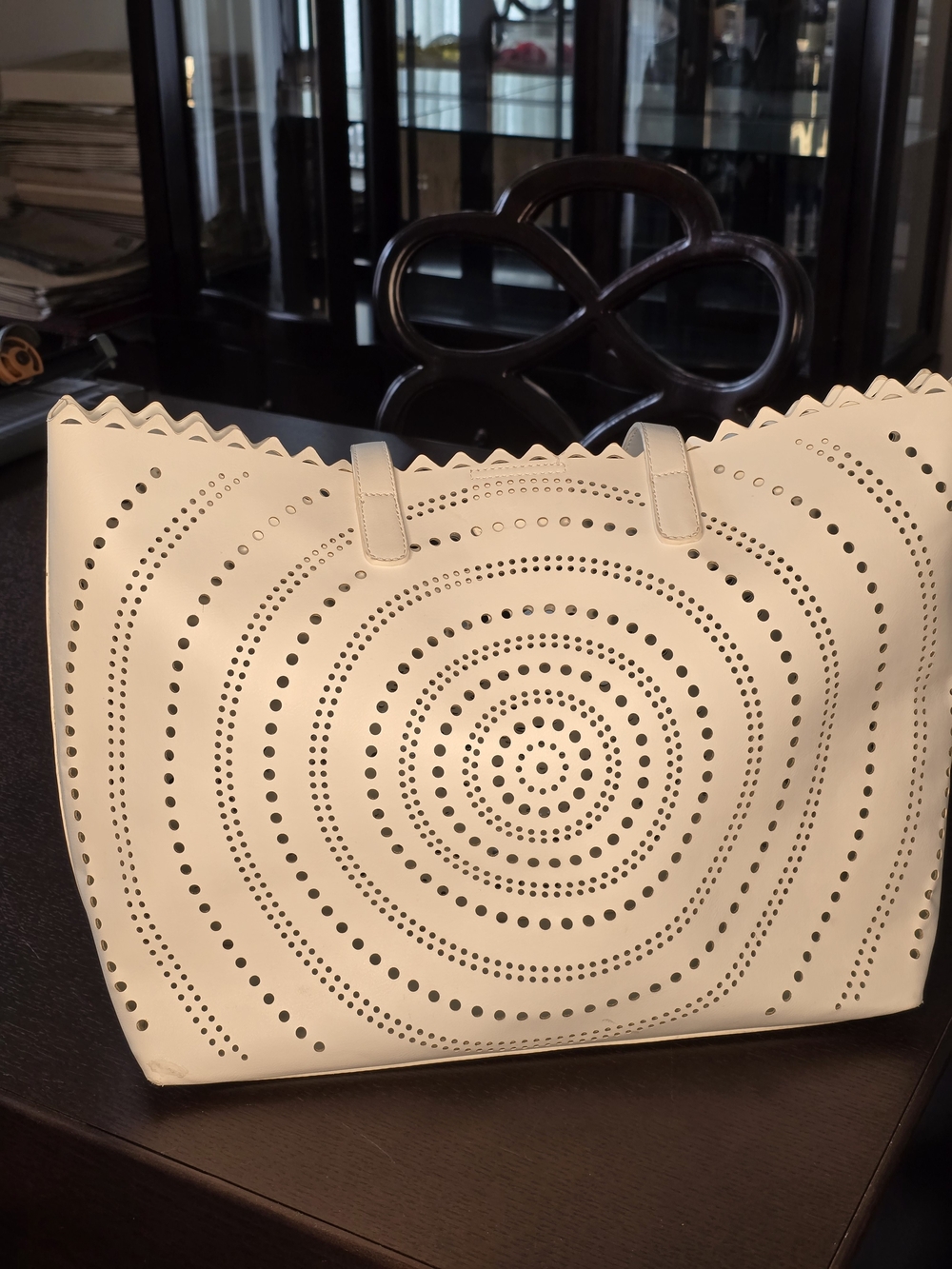 White Laser-Cut Circle Pattern Tote